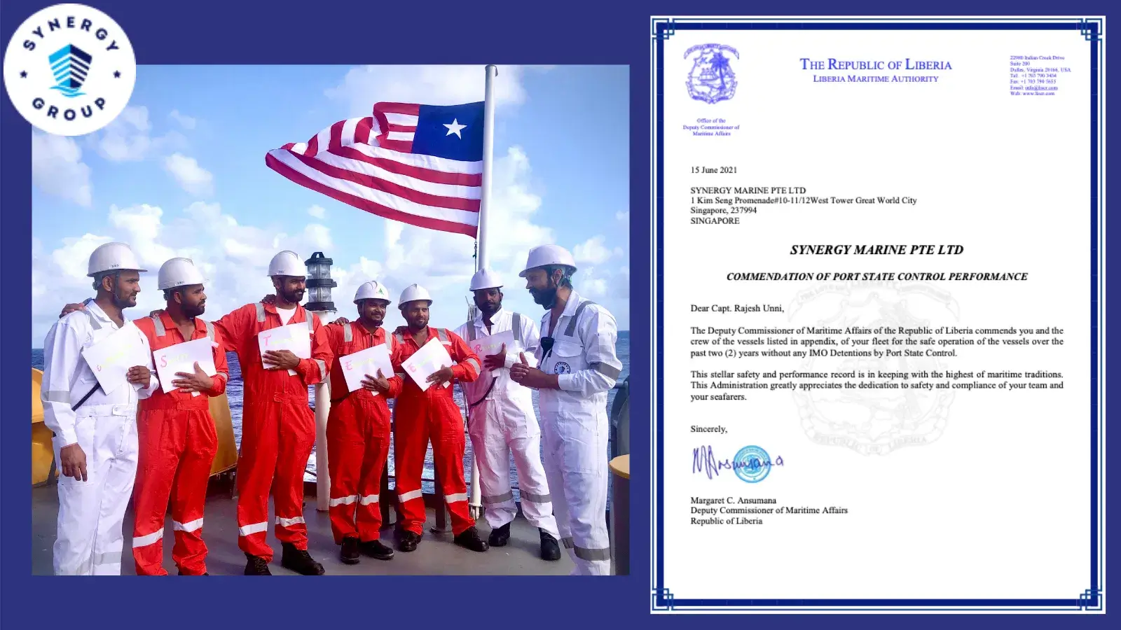 Letter of Commendation by the Liberian Registry for Safety and Operational Excellence.