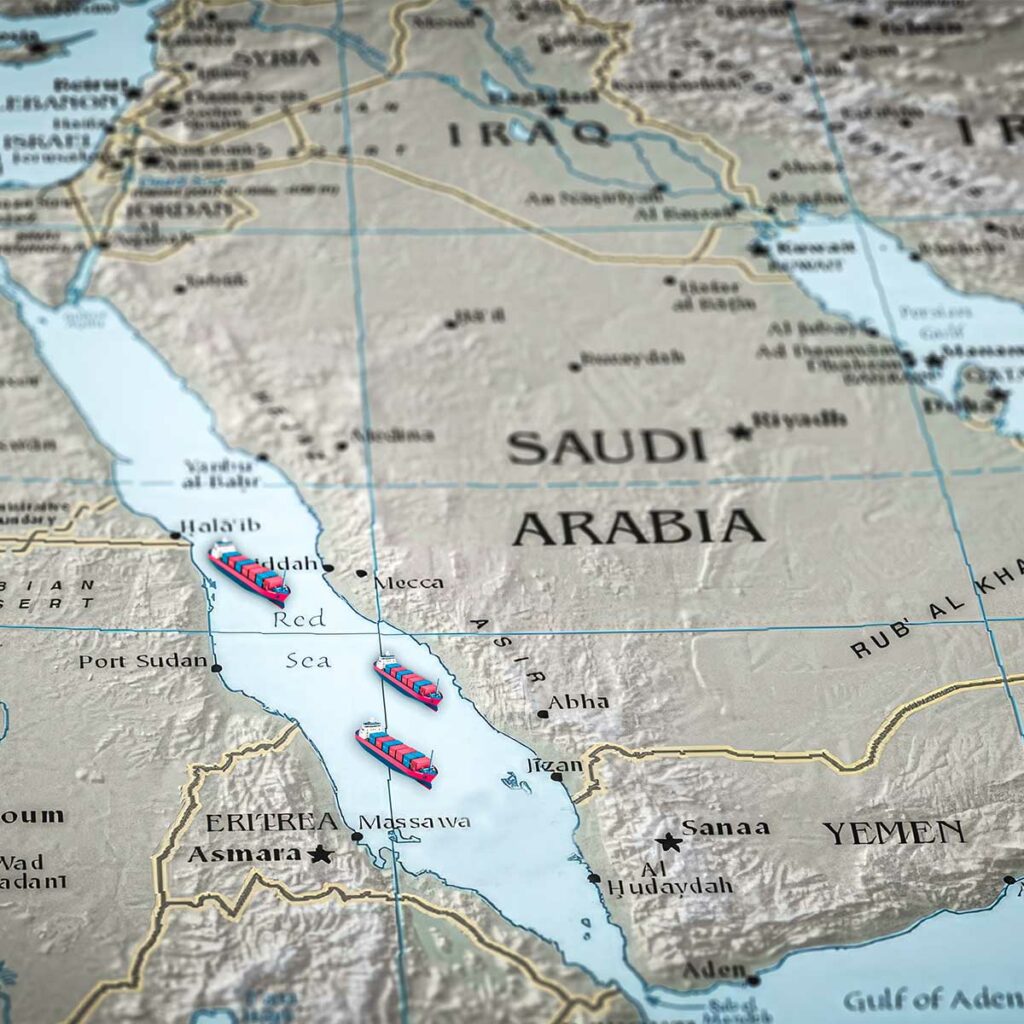 Map showing cargo ships rerouting in the Red Sea due to geopolitical tensions.