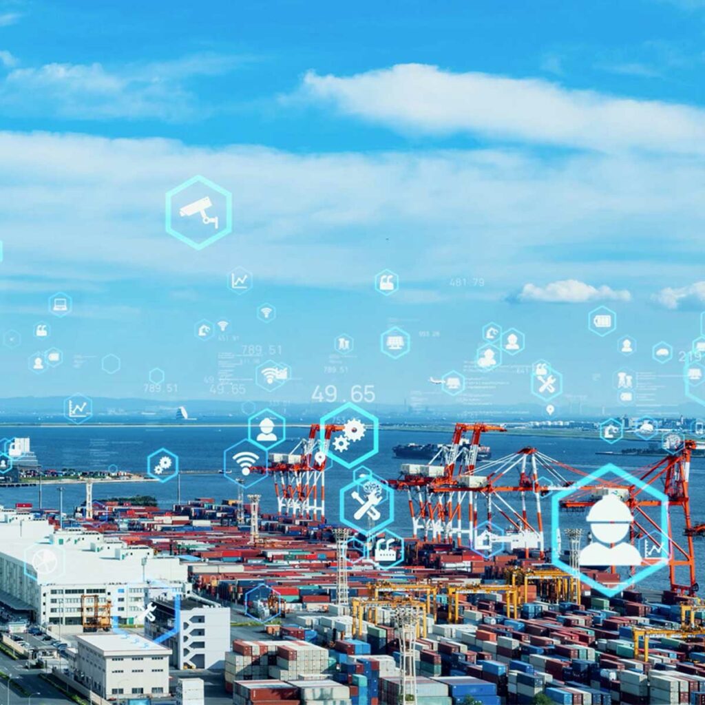 Digital visualization of a port with AI and automation icons.
