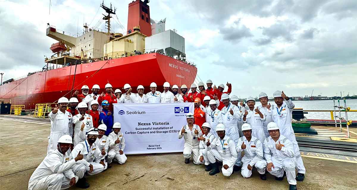 Crew of Synergy-managed tanker after completing Carbon Capture (CCS) retrofit at Seatrium Yard