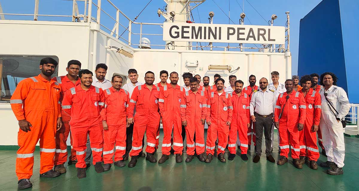 Crew of the Synergy-managed tanker GEMINI PEARL come together for a well-deserved team photo after completing a successful mid-sea medical evacuation.