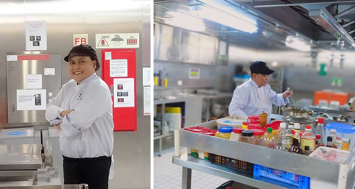 Chief Cook Myline B. Namora standing in the galley kitchen aboard the Synergy managed vessel
