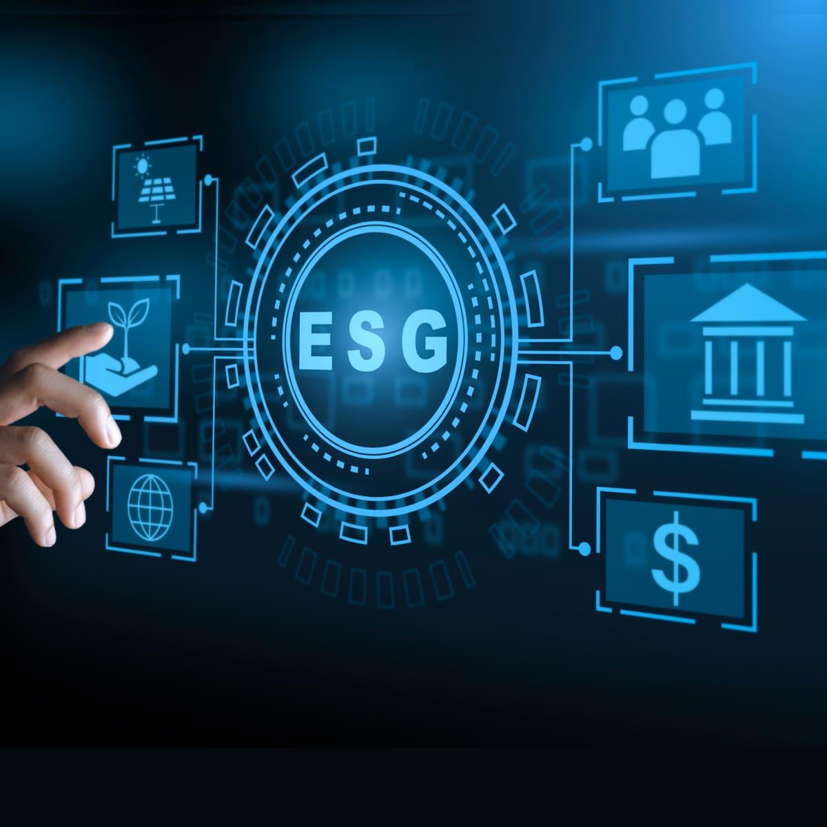 Digital interface showing ESG icons and financial symbols, with a glowing central element labeled “ESG,” representing environmental, social, and governance focus