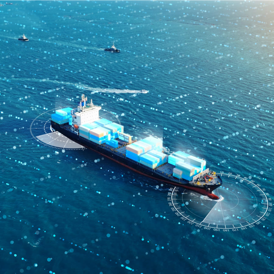 A cargo ship sailing in open water, overlaid with a digital radar-style interface, suggesting smart shipping or digital navigation