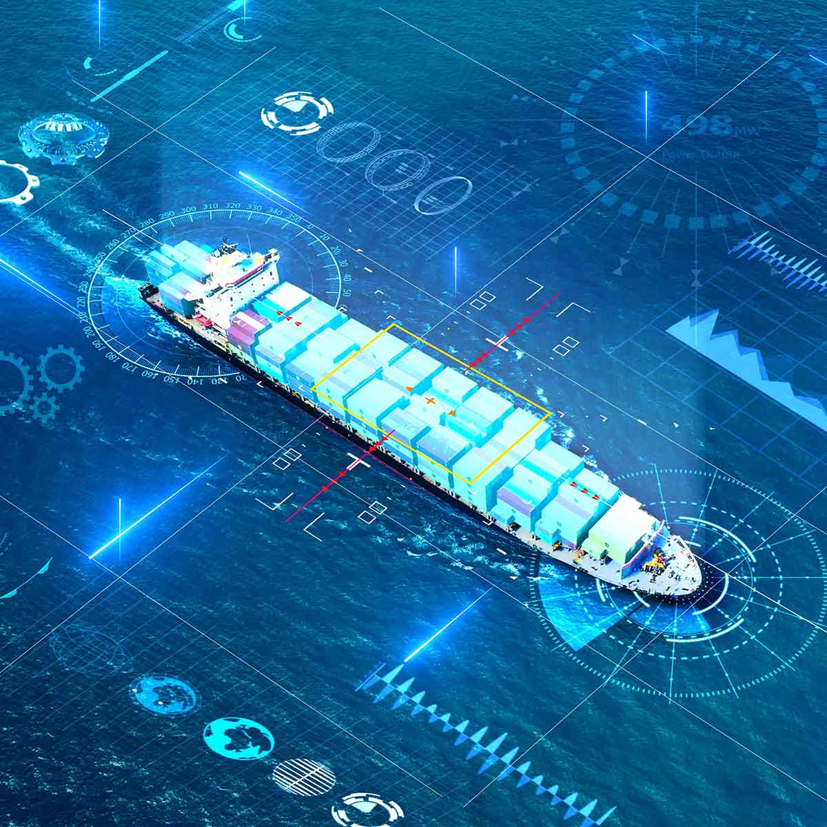 Aerial view of a cargo ship carrying stacked containers, overlaid with digital graphics and futuristic interface elements on the surrounding ocean