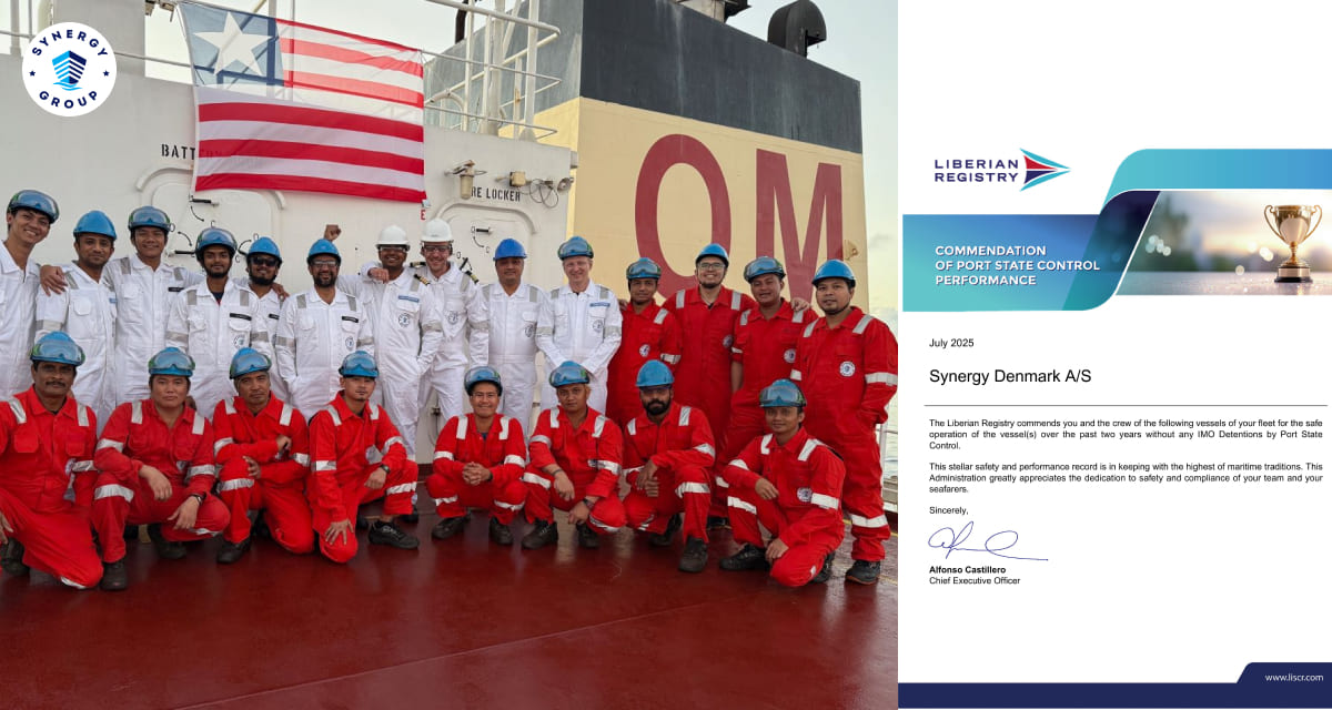 Liberian Registry Banner - Collage: Synergy Denmark crew with Liberian Registry award for two years of zero IMO detentions