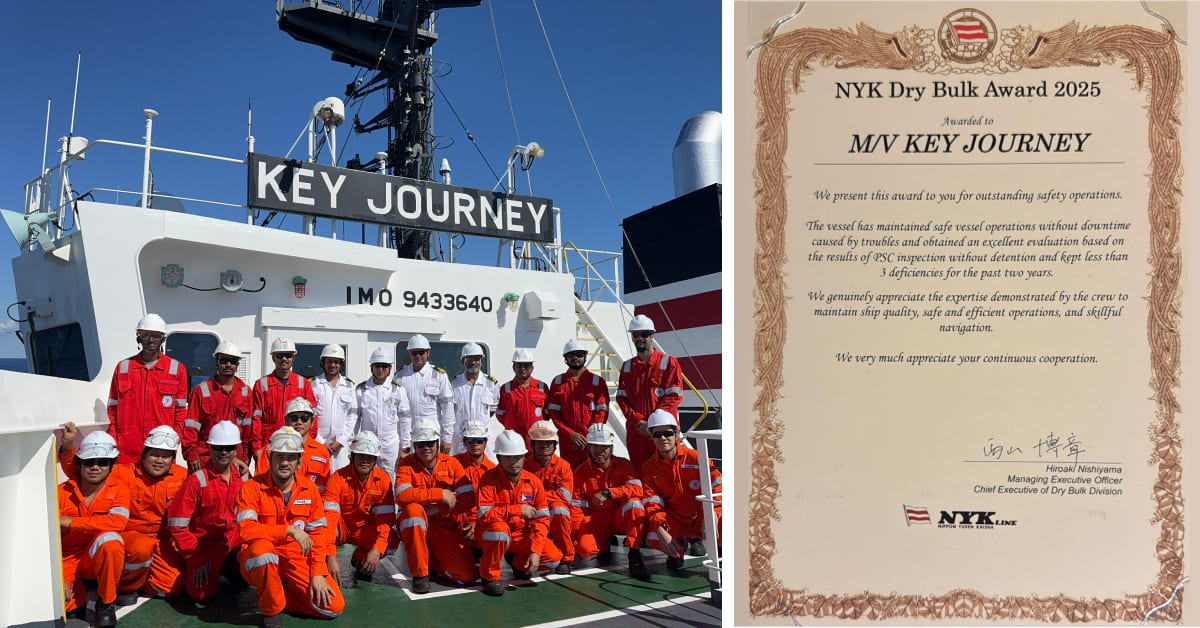 Crew of Synergy-managed vessel KEY JOURNEY with NYK Dry Bulk Award 2025 certificate for outstanding operational standards