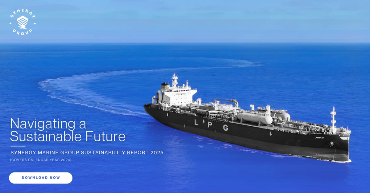 LPG vessel Mirai sailing in open blue waters featured on the Synergy Marine Group Sustainability Report 2025 banner with the theme Navigating a Sustainable Future.