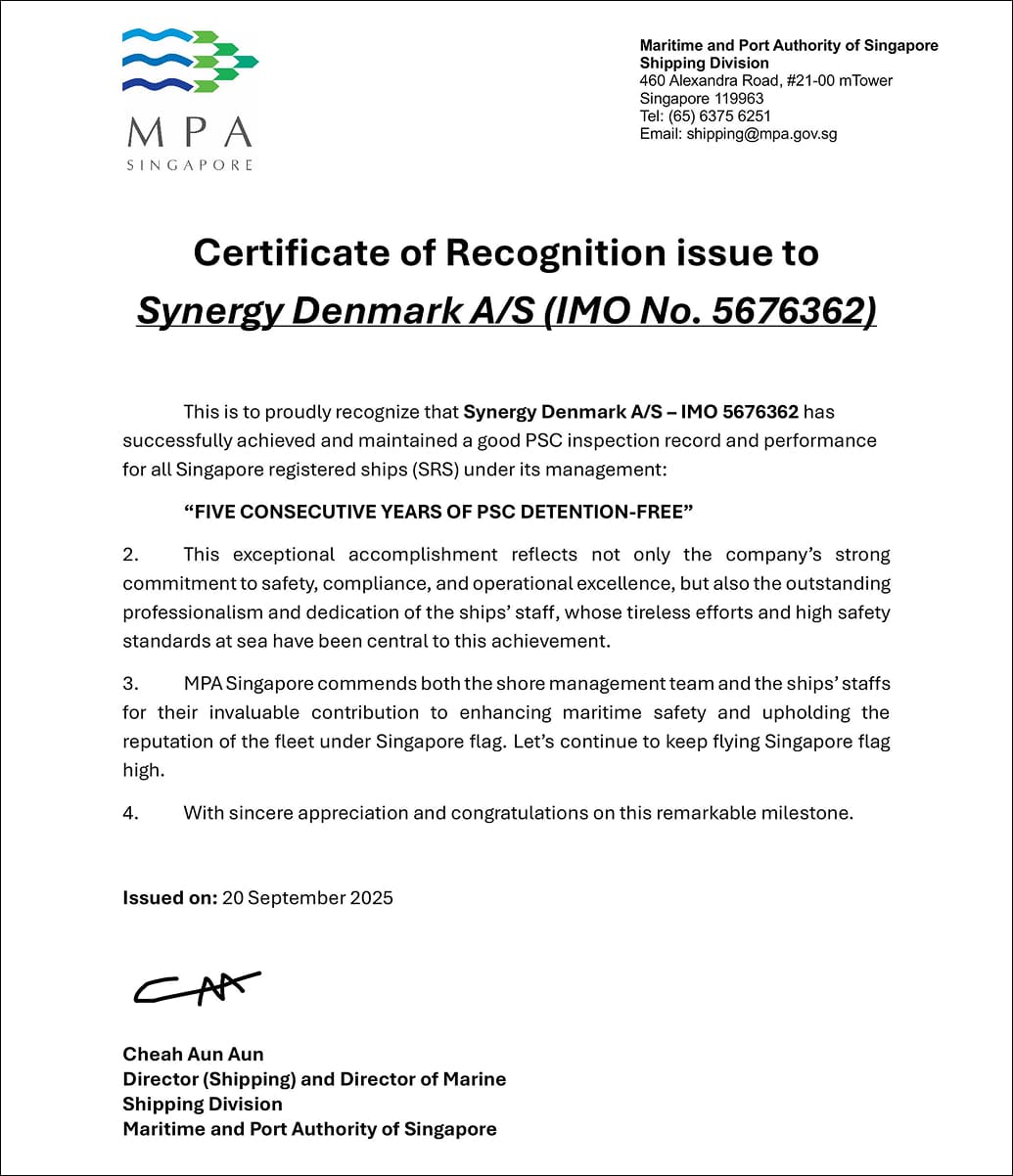 MPA Singapore Certificate for Synergy Denmark A/S: 5 years of PSC detention-free performance.