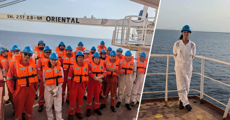 Synergy Marine Group crew standing together on deck during vessel operations, representing diversity and teamwork at sea.