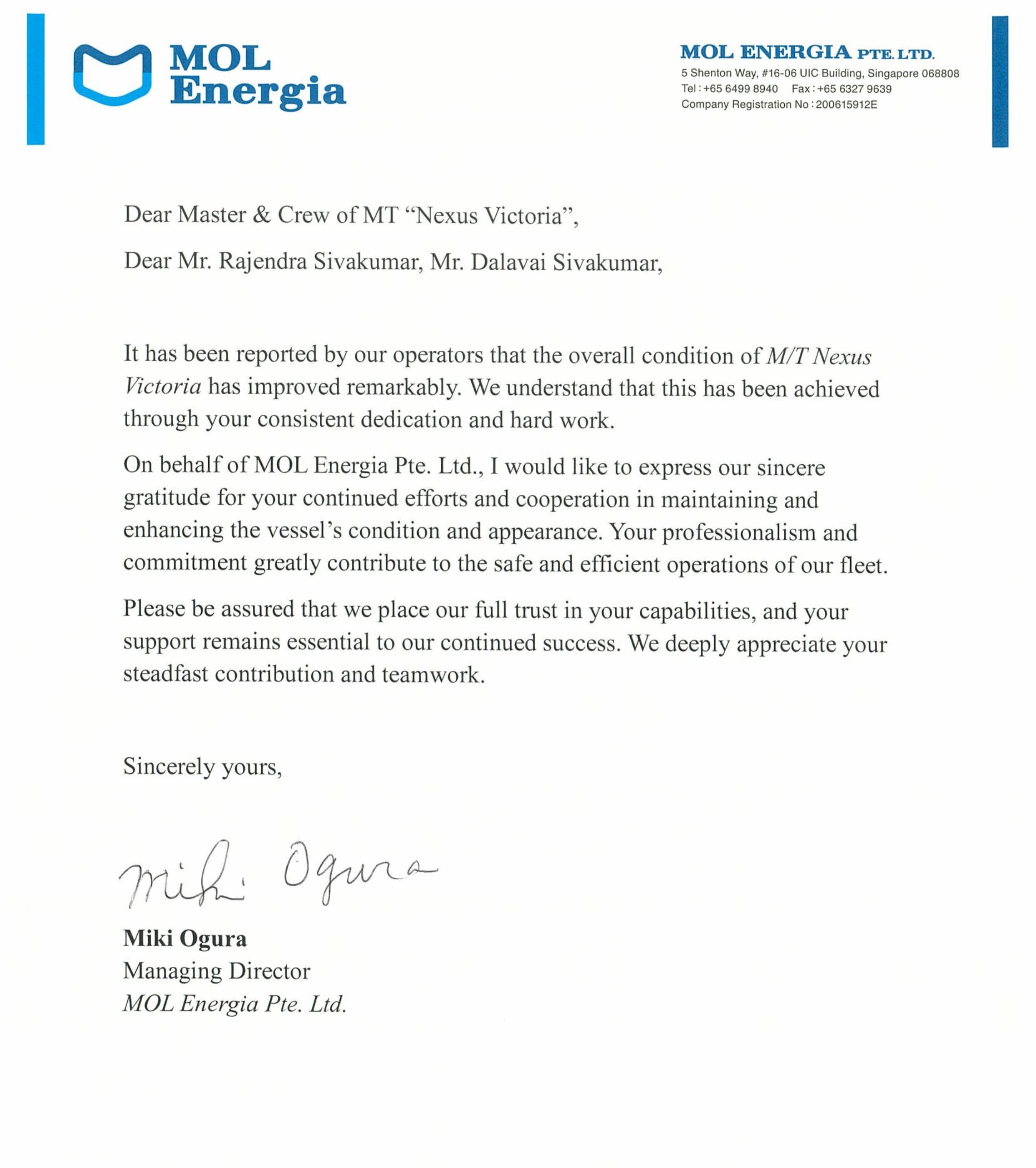 MOL Energia commendation letter for MT Nexus Victoria and Synergy Marine Group crew, highlighting professionalism and safe vessel management