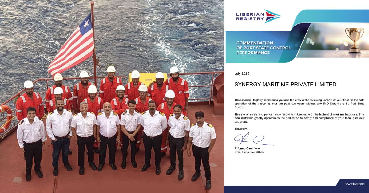 SMPL LR Award Banner - Crew members of a Synergy-managed vessel standing on deck with the Liberian flag, shown alongside the Liberian Registry’s Port State Control performance commendation certificate issued in July 2025.